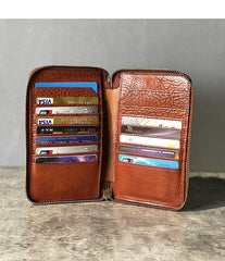 Handmade Black Leather Mens Bifold Long Wallet Brown Zipper Long Wallets Card Holders Clutch Men - iwalletsmen