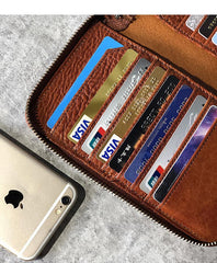 Handmade Black Leather Mens Bifold Long Wallet Brown Zipper Long Wallets Card Holders Clutch Men - iwalletsmen
