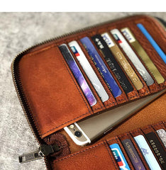 Handmade Black Leather Mens Bifold Long Wallet Brown Zipper Long Wallets Card Holders Clutch Men - iwalletsmen
