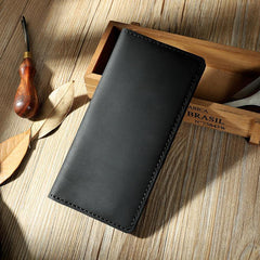 Handmade Black Leather Mens Bifold Long Wallet Personalized Black Checkbook Wallets for Men - iwalletsmen