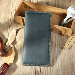 Handmade Blue Leather Mens Bifold Long Wallet Personalized Blue Checkbook Wallets for Men - iwalletsmen