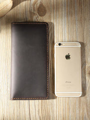 Handmade Coffee Leather Mens Bifold Long Wallet Personalized Coffee Checkbook Wallets for Men - iwalletsmen