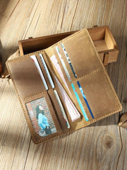 Handmade Coffee Leather Mens Bifold Long Wallet Personalized Coffee Checkbook Wallets for Men - iwalletsmen