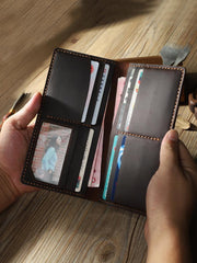 Handmade Coffee Leather Mens Bifold Long Wallet Personalized Coffee Checkbook Wallets for Men - iwalletsmen