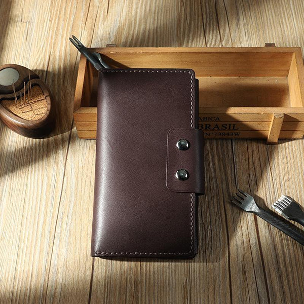 Handmade Coffee Leather Mens Bifold Long Wallets Personalized Coffee Checkbook Leather Wallets for Men - iwalletsmen