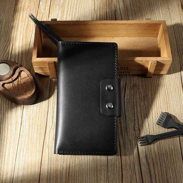 Handmade Black Leather Mens Bifold Long Wallets Personalized Black Checkbook Leather Wallets for Men - iwalletsmen