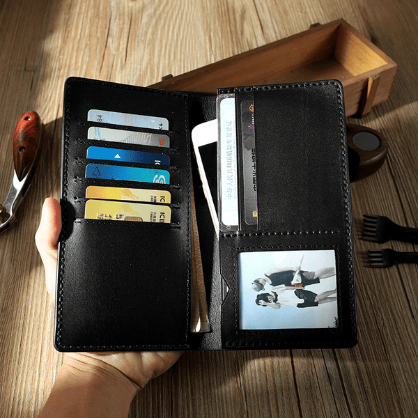 Handmade Black Leather Mens Bifold Long Wallets Personalized Black Checkbook Wallet for Men - iwalletsmen