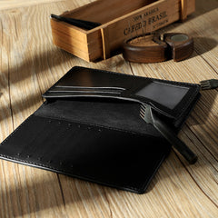 Handmade Black Leather Mens Bifold Long Wallets Personalized Black Checkbook Wallet for Men - iwalletsmen