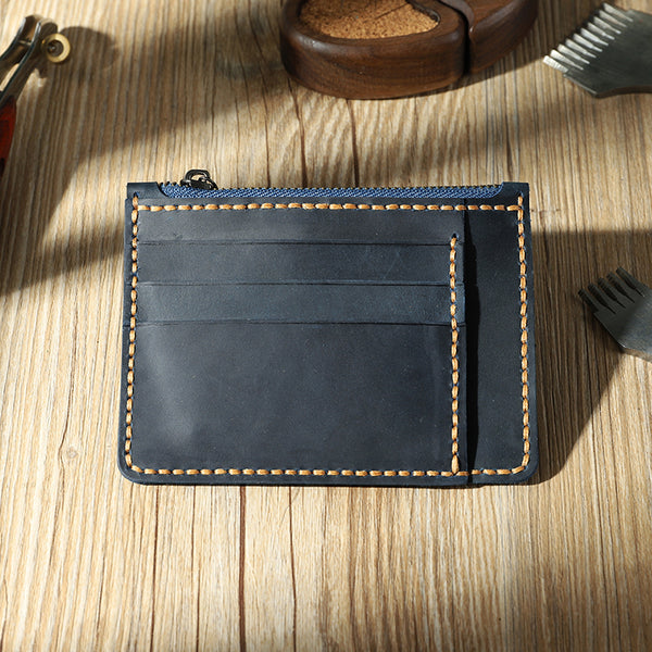 Handmade Blue Leather Mens Front Pocket Wallets Personalized Slim Card Wallet for Men - iwalletsmen
