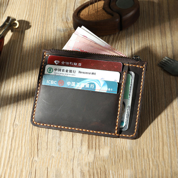 Handmade Coffee Leather Mens Front Pocket Wallets Personalized Slim Card Wallet for Men - iwalletsmen