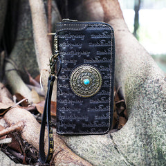 Handmade Leather Tibetan Scriptures Long Wallet Tooled Zipper Clutch Wristlet Wallet for Men