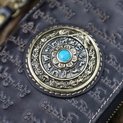 Handmade Leather Tibetan Scriptures Long Wallet Tooled Zipper Clutch Wristlet Wallet for Men