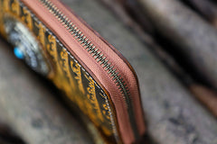 Handmade Leather Tibetan Scriptures Long Wallet Tooled Zipper Clutch Wristlet Wallet for Men