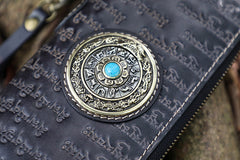 Handmade Leather Tibetan Scriptures Long Wallet Tooled Zipper Clutch Wristlet Wallet for Men