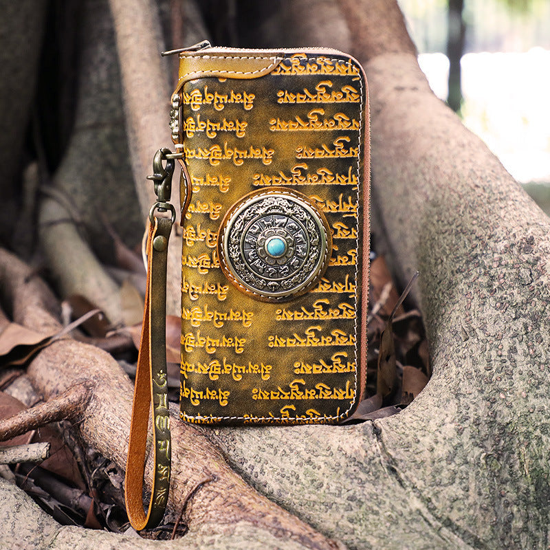 Handmade Leather Tibetan Scriptures Long Wallet Tooled Zipper Clutch Wristlet Wallet for Men