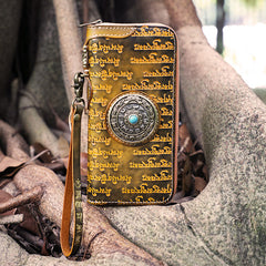 Handmade Black Leather Tibetan Scriptures Long Wallet Tooled Zipper Clutch Wristlet Wallet for Men