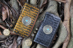 Handmade Tan Leather Tibetan Scriptures Long Wallet Tooled Zipper Clutch Wristlet Wallet for Men