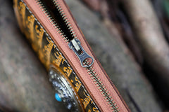 Handmade Tan Leather Tibetan Scriptures Long Wallet Tooled Zipper Clutch Wristlet Wallet for Men