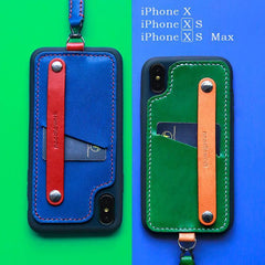Handmade Green Leather iPhone XS XR XS Max Case with Card Holder CONTRAST COLOR iPhone X Leather Case - iwalletsmen