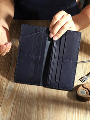 Handmade Blue Mens Bifold Long Wallets Personalized Blue Leather Checkbook Wallets for Men - iwalletsmen