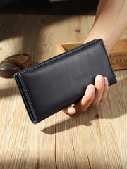 Handmade Black Mens Bifold Long Wallets Personalized Black Leather Checkbook Wallets for Men - iwalletsmen