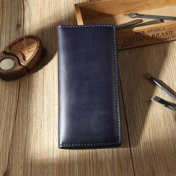 Handmade Blue Mens Bifold Long Wallets Personalized Blue Leather Checkbook Wallets for Men - iwalletsmen