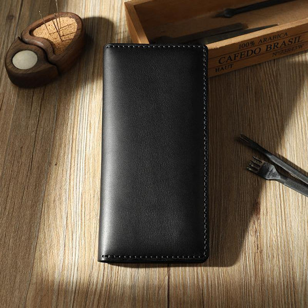 Handmade Black Mens Bifold Long Wallets Personalized Black Leather Checkbook Wallets for Men - iwalletsmen