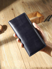 Handmade Black Mens Bifold Long Wallets Personalized Black Leather Checkbook Wallets for Men - iwalletsmen