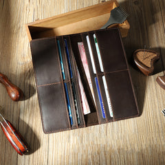 Handmade Coffee Slim Leather Mens Bifold Long Wallet Personalized Black Checkbook Wallets for Men - iwalletsmen
