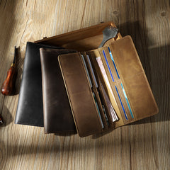 Handmade Coffee Slim Leather Mens Bifold Long Wallet Personalized Black Checkbook Wallets for Men - iwalletsmen