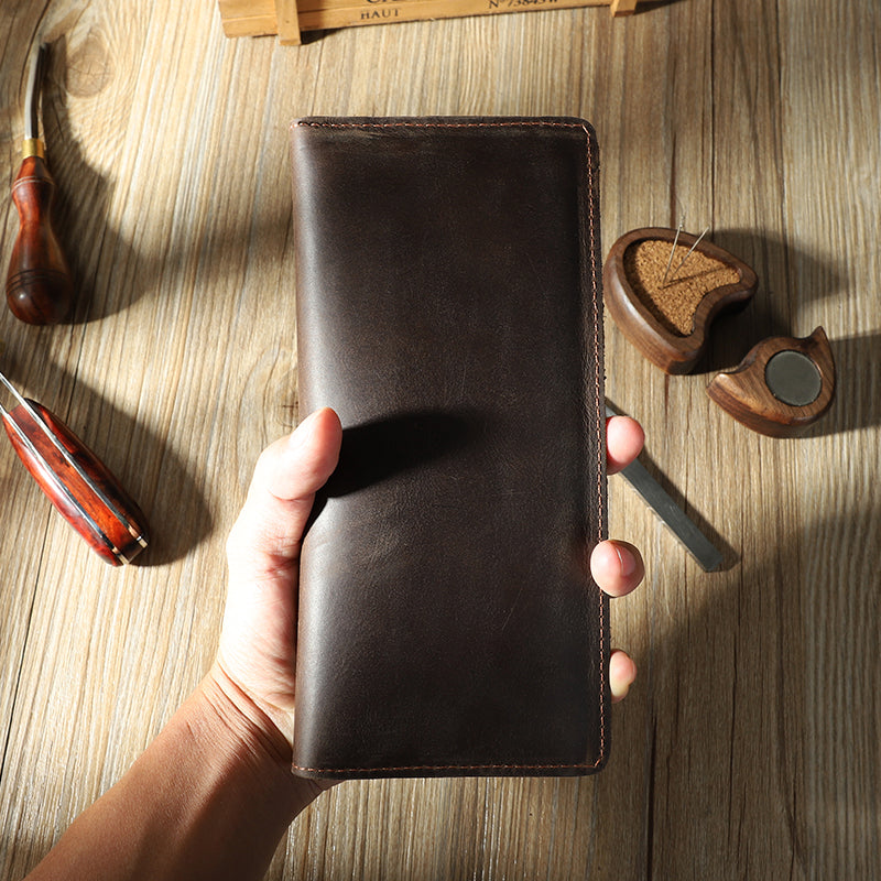 Handmade Coffee Slim Leather Mens Bifold Long Wallet Personalized Black Checkbook Wallets for Men - iwalletsmen
