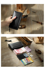 Handmade Black Zipper Mens Clutch Wallets Personalized Black Leather Zipper Clutch for Men - iwalletsmen