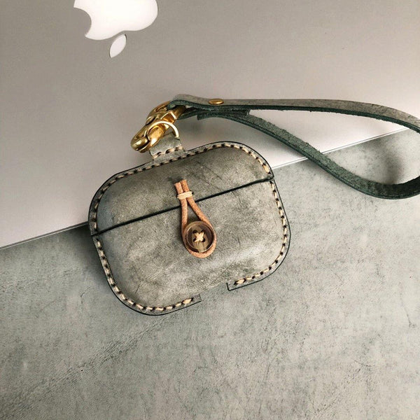 Handmade Blue Leather AirPods Pro Case with Wristlet Strap Leather AirPods Case Airpod Case Cover - iwalletsmen