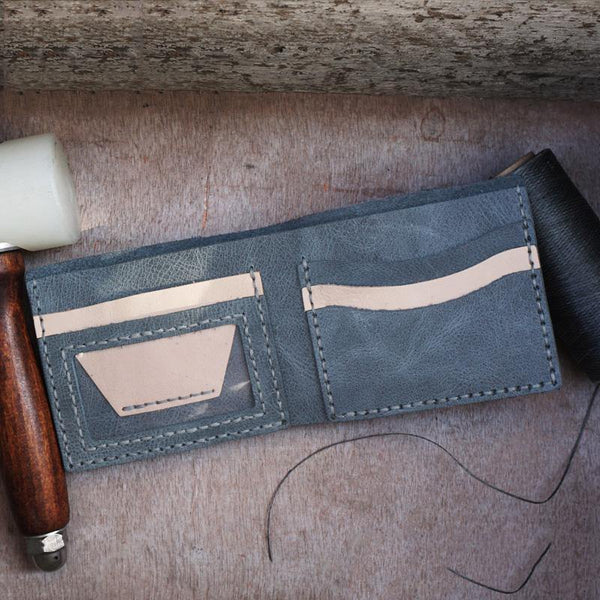 Handmade Blue Leather Mens Bifold Billfold Wallets Slim Blue Small Wallet for Men - iwalletsmen