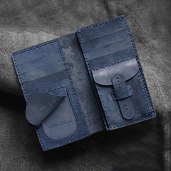 Handmade Leather Mens Bifold Long Wallets Blue Checkbook Wallet Lots Cards Long Wallet for Men - iwalletsmen