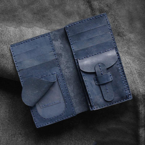 Handmade Blue Leather Mens Bifold Long Wallets Checkbook Wallet Lots Cards Long Wallet for Men - iwalletsmen