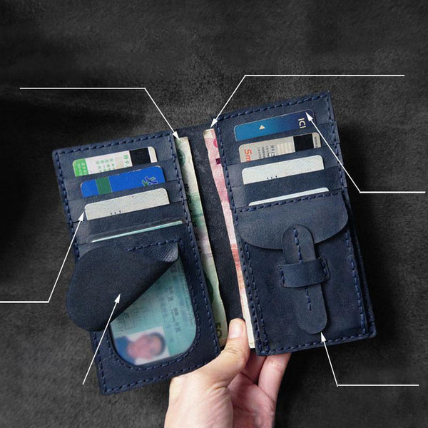 Handmade Leather Mens Bifold Long Wallets Blue Checkbook Wallet Lots Cards Long Wallet for Men - iwalletsmen