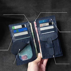 Handmade Leather Mens Bifold Long Wallets Blue Checkbook Wallet Lots Cards Long Wallet for Men - iwalletsmen