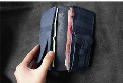 Handmade Leather Mens Bifold Long Wallets Blue Checkbook Wallet Lots Cards Long Wallet for Men - iwalletsmen