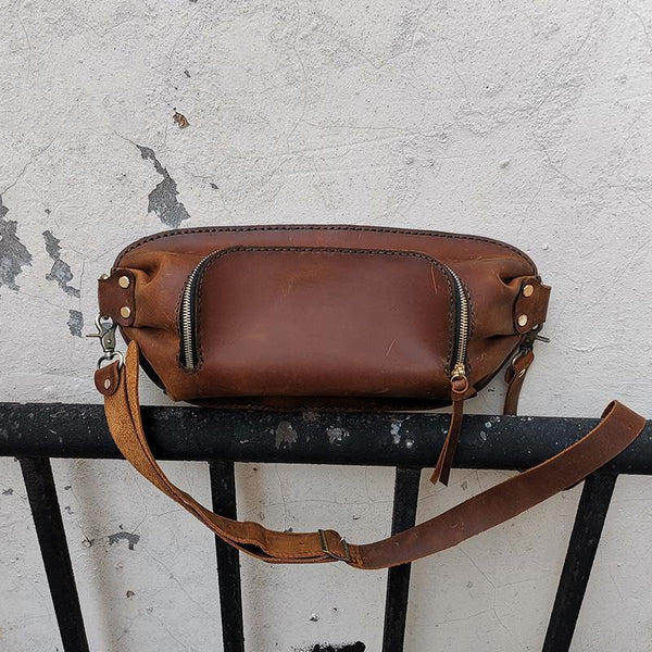 Handmade LEATHER MEN Sling Bag Waist BAG Brown LEATHER Fanny Pack FOR MEN - iwalletsmen