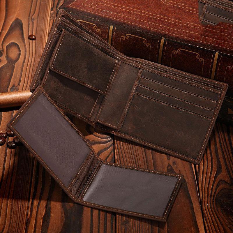 Handmade Leather Mens Bifold Brown Billfold Wallets With Coin Pocket Small Wallets for Men - iwalletsmen