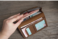Handmade Brown Leather Mens Bifold Long Wallet Lots Cards Travel Long Wallet for Men - iwalletsmen