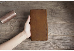 Handmade Brown Leather Mens Bifold Long Wallet Lots Cards Travel Long Wallet for Men - iwalletsmen
