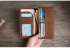 Handmade Brown Leather Mens Bifold Long Wallet Lots Cards Travel Long Wallet for Men - iwalletsmen