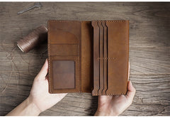 Handmade Brown Leather Mens Bifold Long Wallet Lots Cards Travel Long Wallet for Men - iwalletsmen