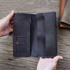 Handmade Blue Leather Mens Bifold Long Wallet Lots Cards Travel Long Wallet for Men - iwalletsmen