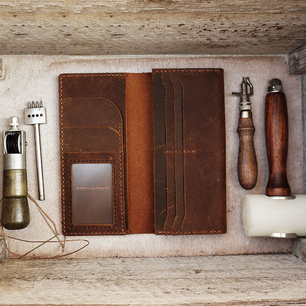 Handmade Brown Leather Mens Bifold Long Wallet Lots Cards Blue Travel Long Wallet for Men - iwalletsmen