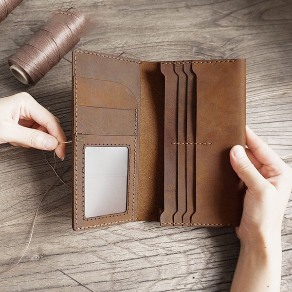 Handmade Brown Leather Mens Bifold Long Wallet Lots Cards Travel Long Wallet for Men - iwalletsmen