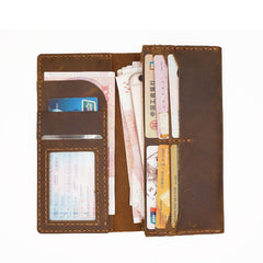 Handmade Brown Leather Mens Bifold Long Wallet Lots Cards Travel Long Wallet for Men - iwalletsmen