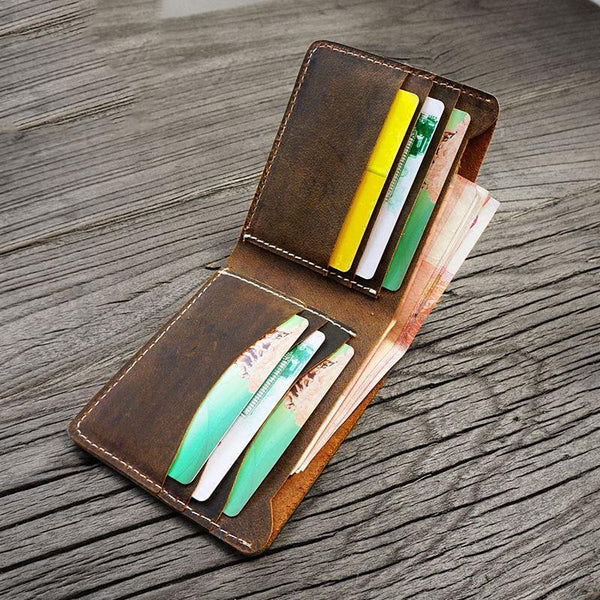 Handmade Brown Leather Mens Billfold Wallet Slim Brown Bifold Small Wallet for Men - iwalletsmen